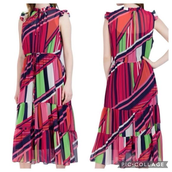 NWT Julia Jordan Ruffle Neck Drawstring Tiered Midi Dress Multicolor 2 - Picture 1 of 10